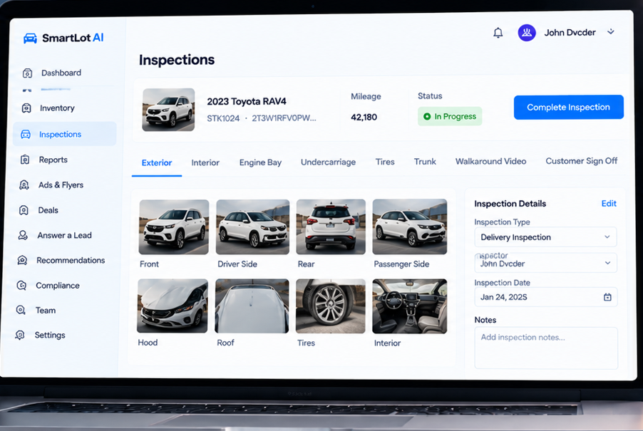 SmartLot AI inspection screen with required vehicle photos (sample data)