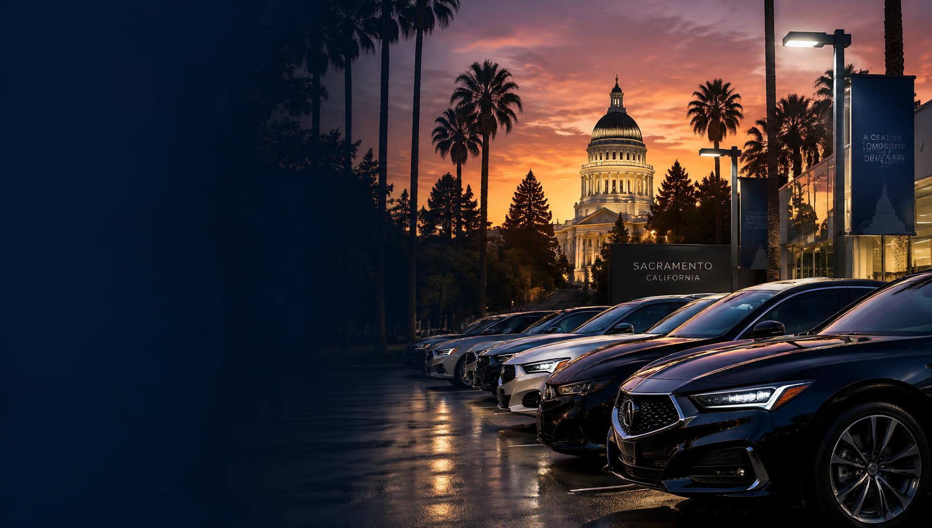 California State Capitol at dusk behind a row of cars on a dealership lot